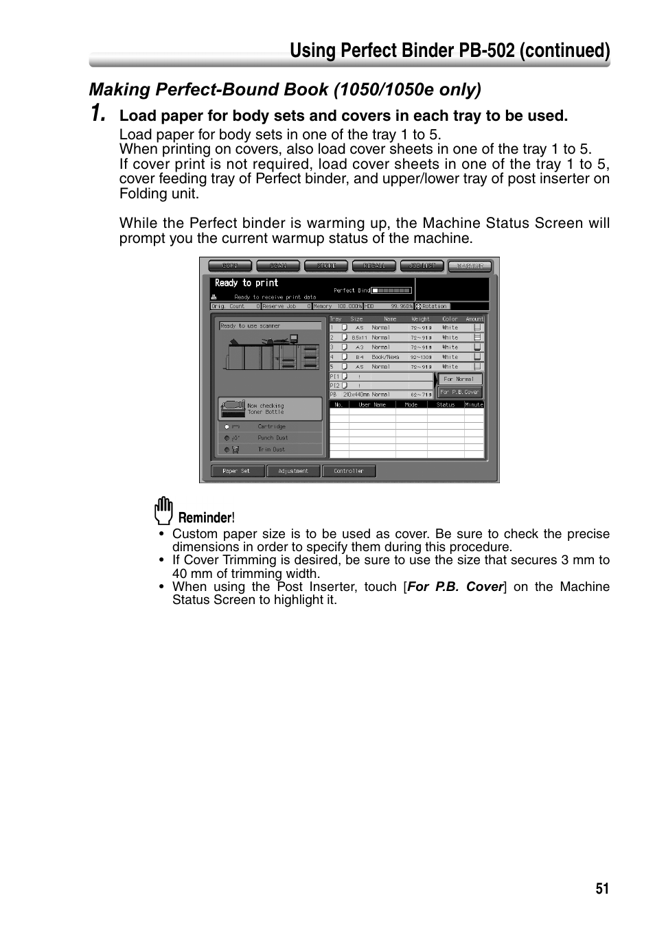 Making perfect-bound book (1050/1050e only), Using perfect binder pb-502 (continued) | Konica Minolta bizhub PRO 1050P User Manual | Page 55 / 88