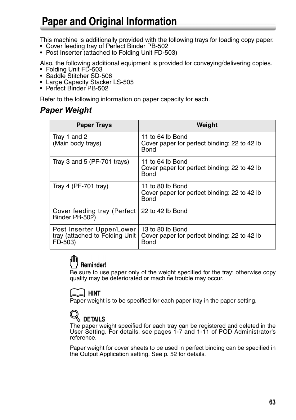 Paper and original information, Paper weight | Konica Minolta bizhub PRO 1050P User Manual | Page 67 / 88