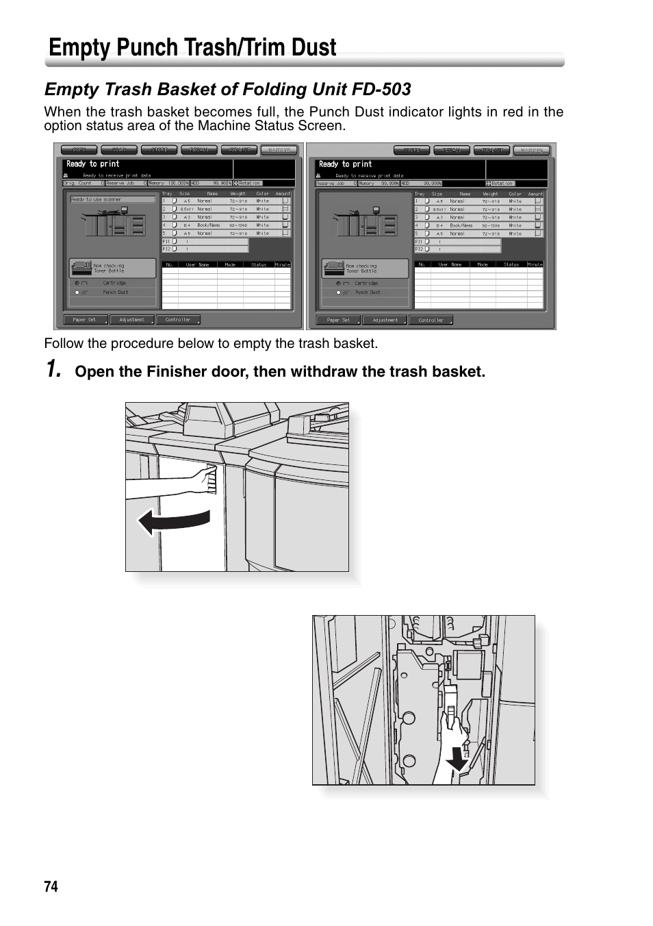 Empty punch trash/trim dust, Empty trash basket of folding unit fd-503 | Konica Minolta bizhub PRO 1050P User Manual | Page 78 / 88