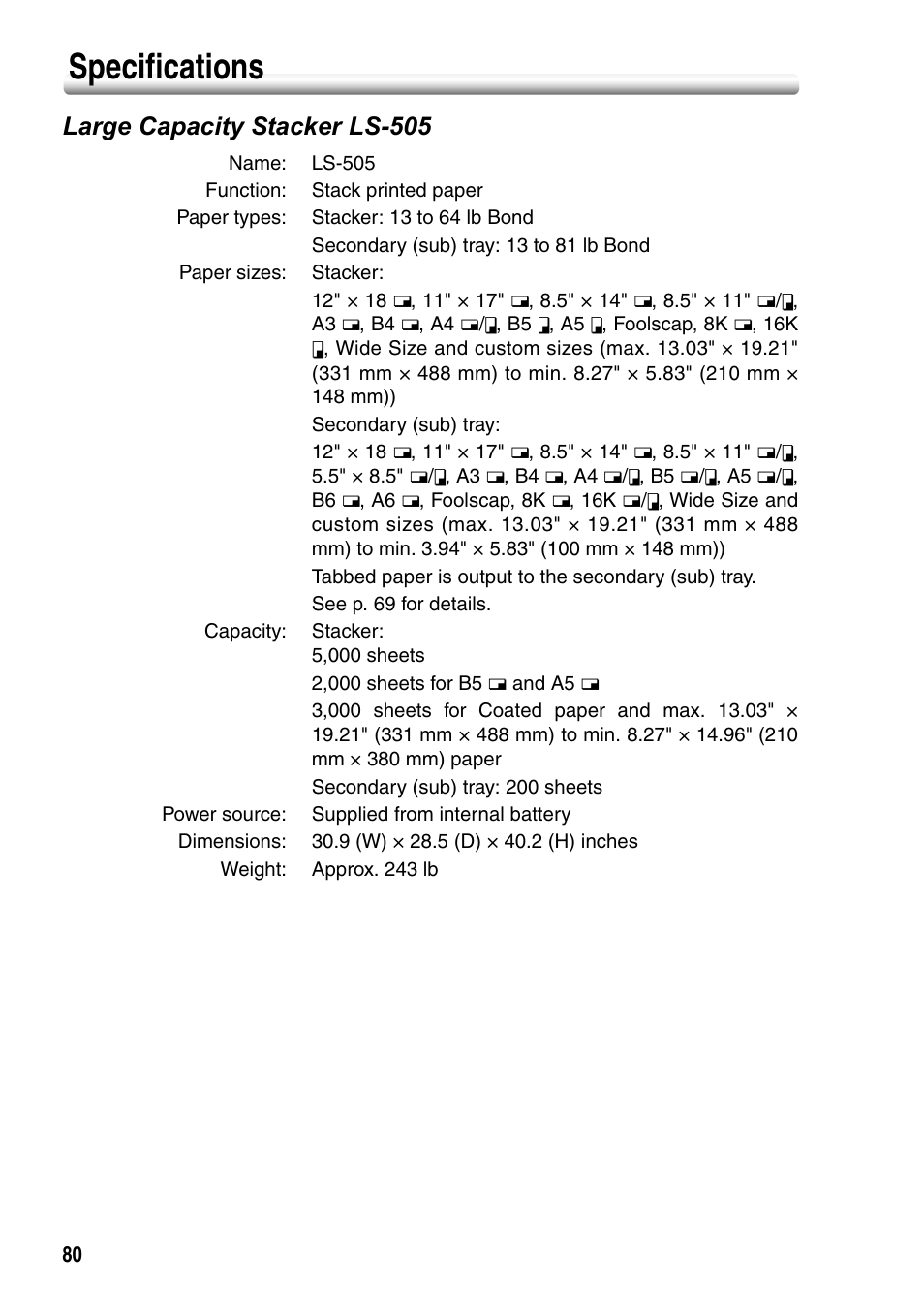 Specifications, Large capacity stacker ls-505 | Konica Minolta bizhub PRO 1050P User Manual | Page 84 / 88