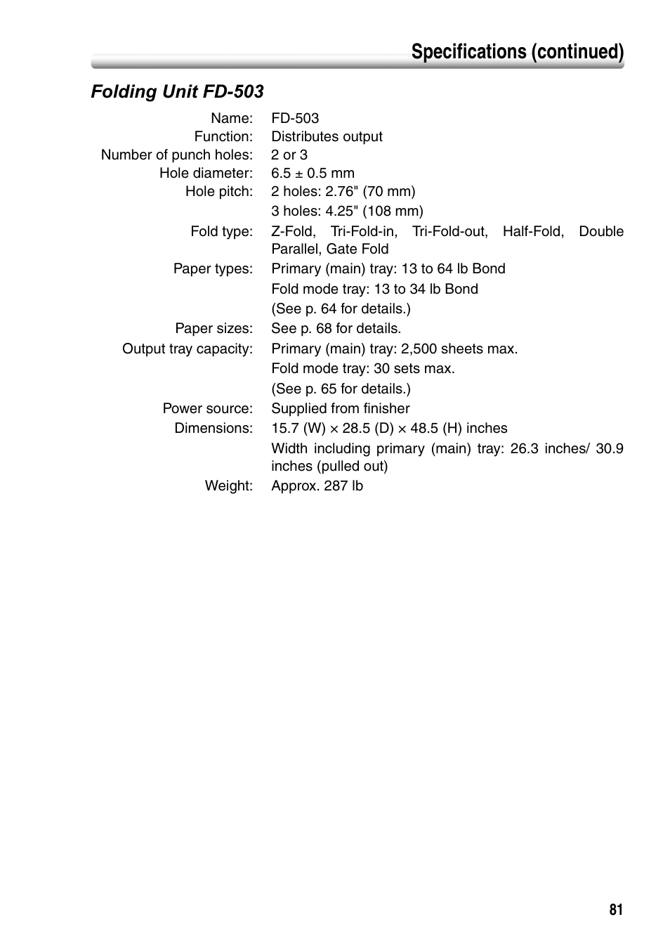 Folding unit fd-503, Specifications (continued) | Konica Minolta bizhub PRO 1050P User Manual | Page 85 / 88