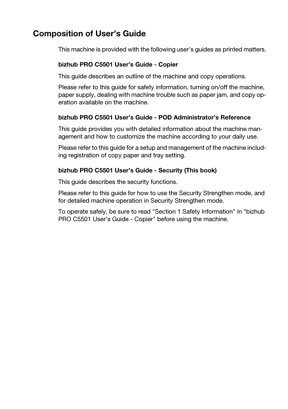 Composition of user’s guide | Konica Minolta BIZHUB PRO C5501 User Manual | Page 5 / 32