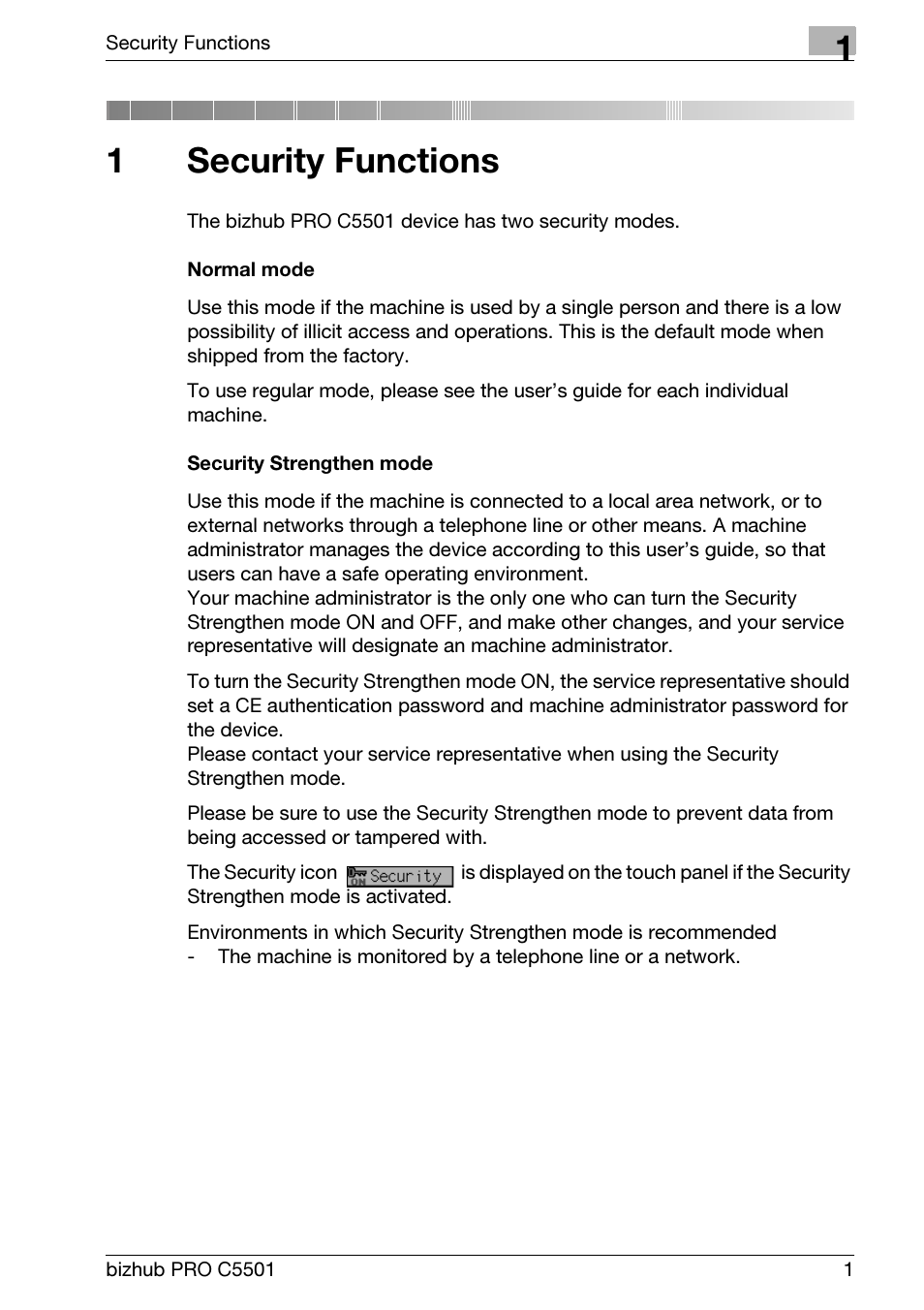 1 security functions, Normal mode, Security strengthen mode | Security functions, 1security functions | Konica Minolta BIZHUB PRO C5501 User Manual | Page 9 / 32