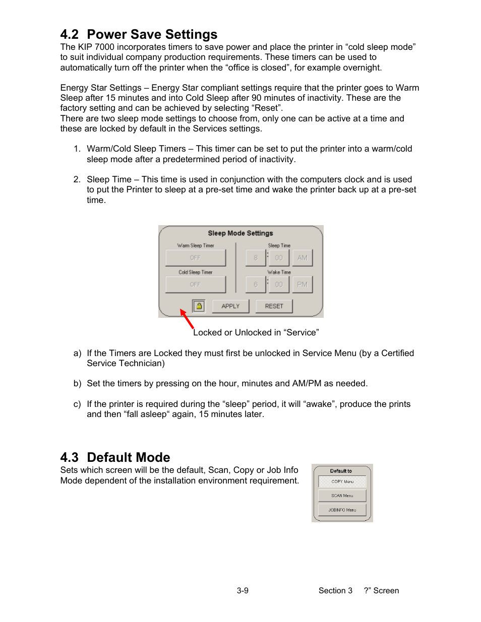 2 power save settings, 3 default mode | Konica Minolta KIP 7000 User Manual | Page 104 / 294