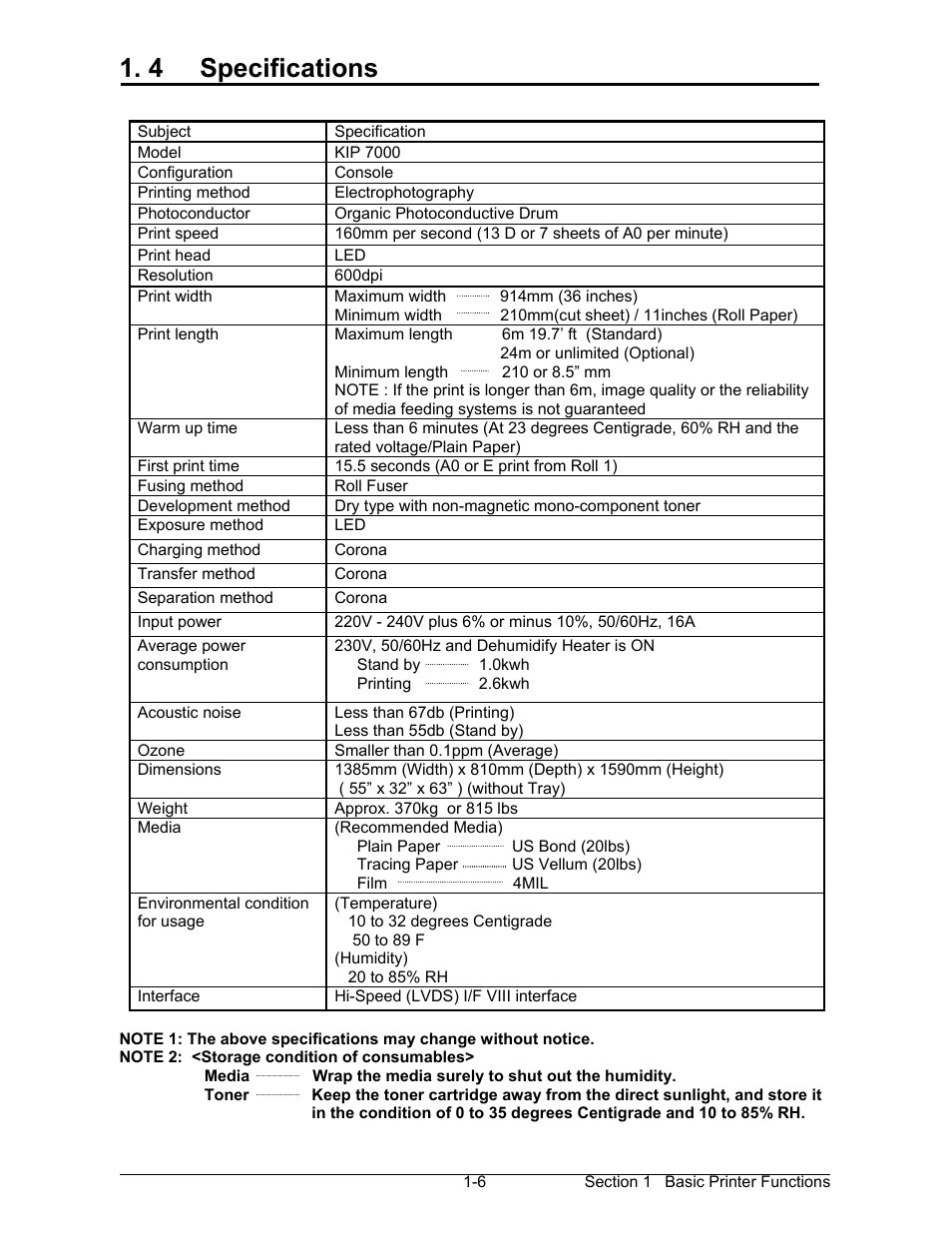 4 specifications | Konica Minolta KIP 7000 User Manual | Page 12 / 294