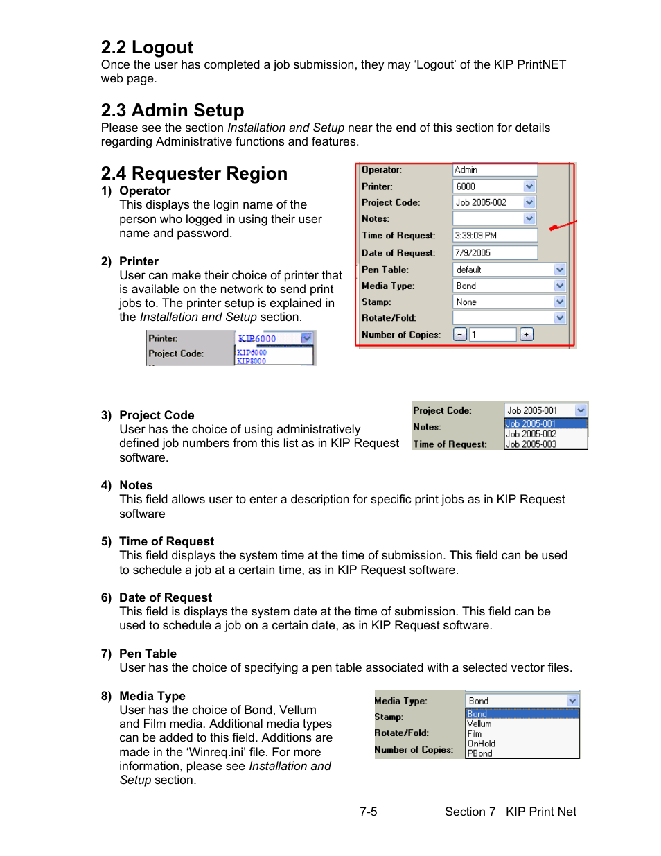 2 logout, 3 admin setup, 4 requester region | Konica Minolta KIP 7000 User Manual | Page 217 / 294