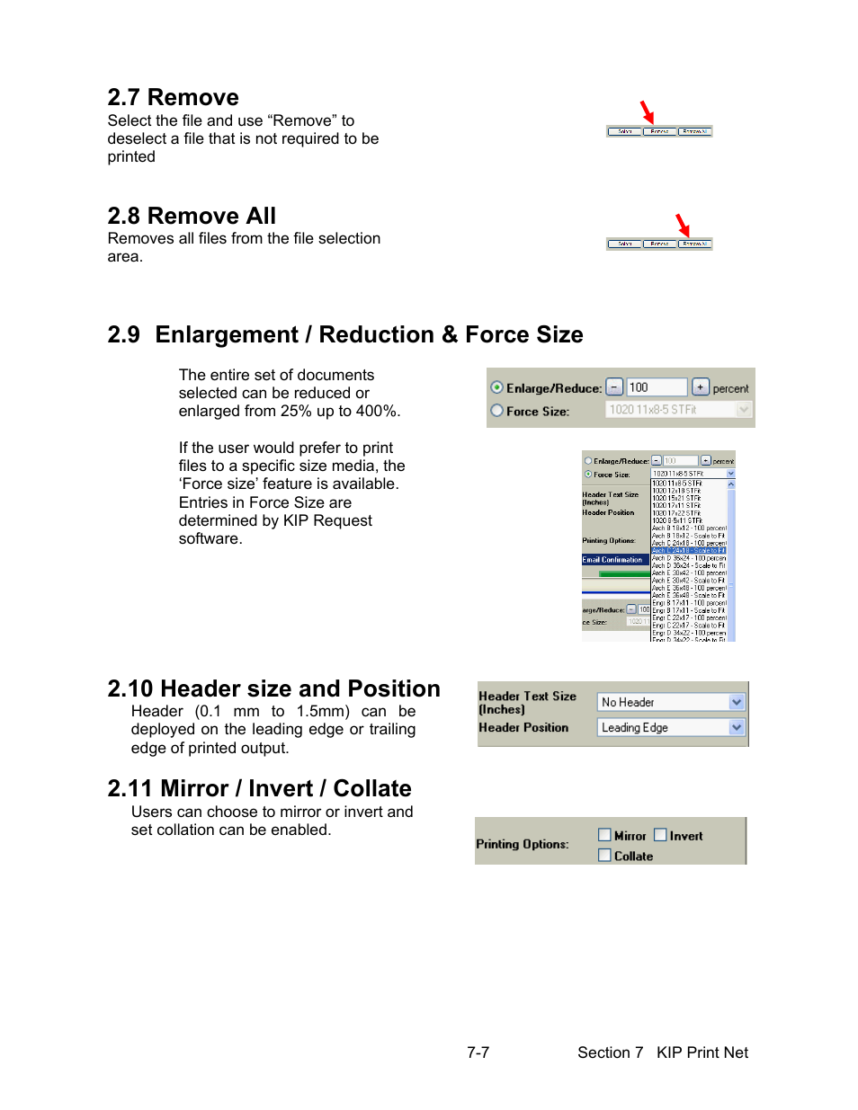 7 remove, 8 remove all, 9 enlargement / reduction & force size | 10 header size and position, 11 mirror / invert / collate | Konica Minolta KIP 7000 User Manual | Page 219 / 294