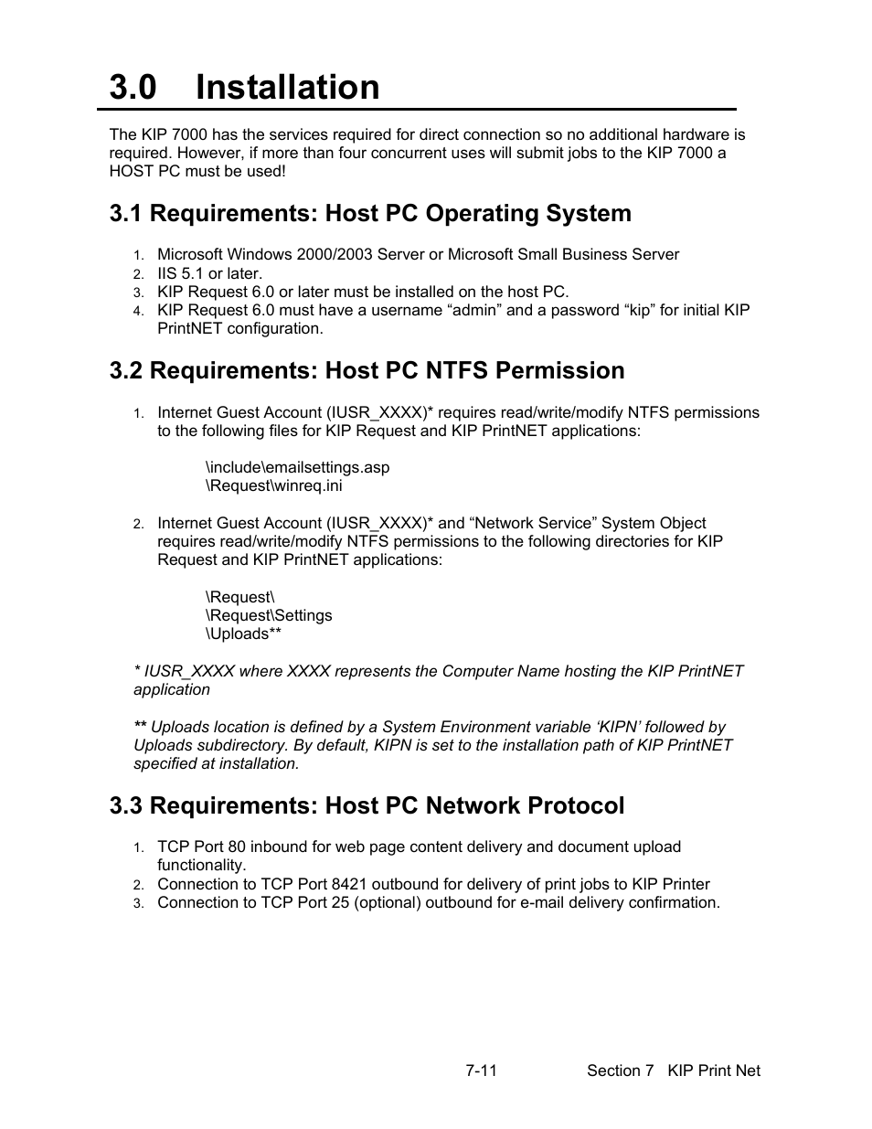 0 installation, 1 requirements: host pc operating system, 2 requirements: host pc ntfs permission | 3 requirements: host pc network protocol | Konica Minolta KIP 7000 User Manual | Page 223 / 294