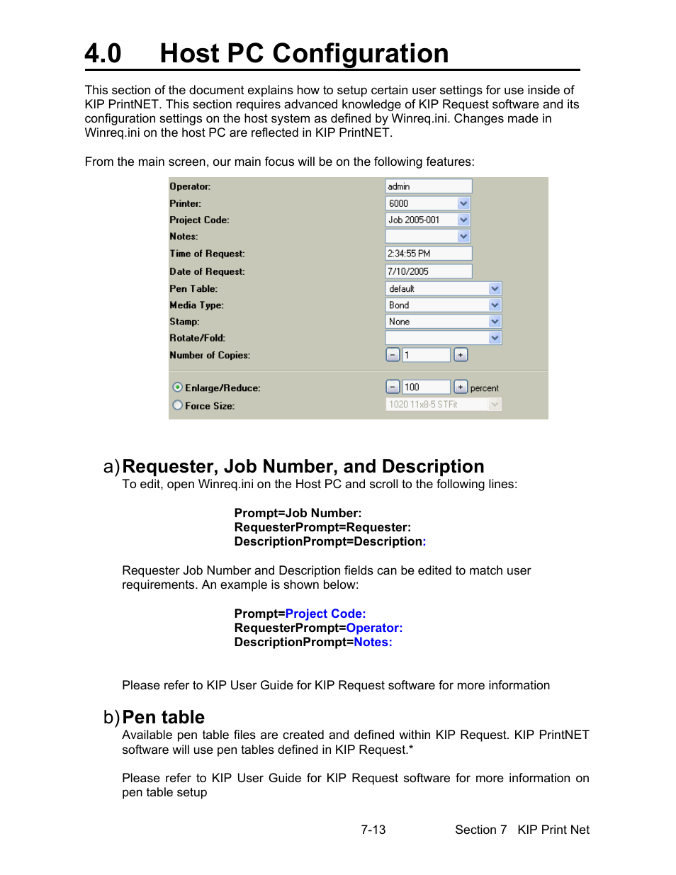 0 host pc configuration, A) requester, job number, and description, B) pen table | Konica Minolta KIP 7000 User Manual | Page 225 / 294