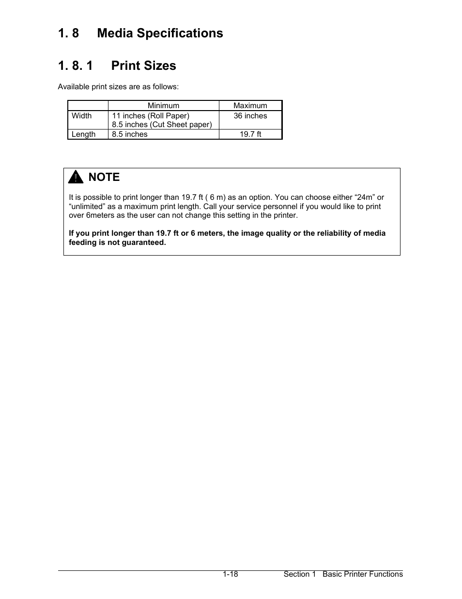 8 media specifications, 8. 1 print sizes | Konica Minolta KIP 7000 User Manual | Page 24 / 294