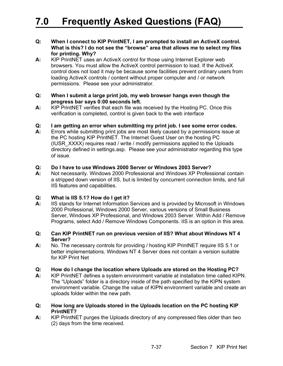 0 frequently asked questions (faq) | Konica Minolta KIP 7000 User Manual | Page 249 / 294