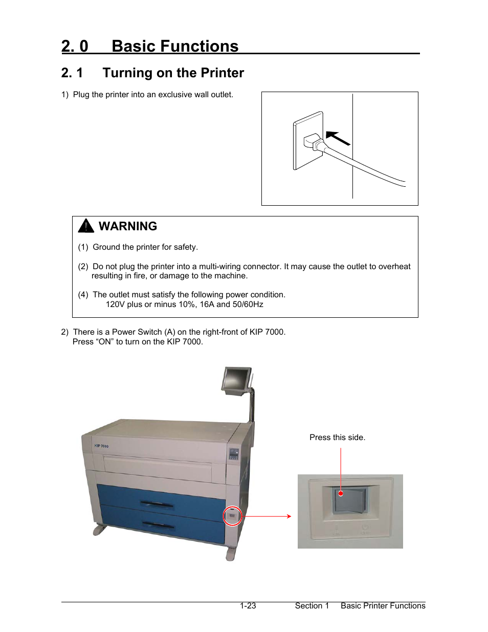 0 basic functions, 1 turning on the printer, Warning | Konica Minolta KIP 7000 User Manual | Page 29 / 294