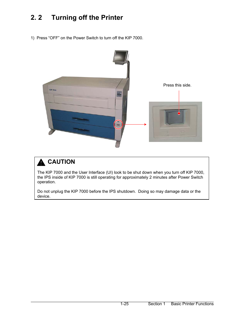 2 turning off the printer, Caution | Konica Minolta KIP 7000 User Manual | Page 31 / 294