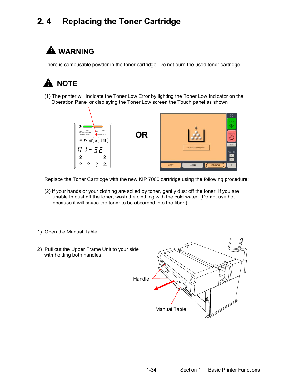 4 replacing the toner cartridge, Warning | Konica Minolta KIP 7000 User Manual | Page 40 / 294