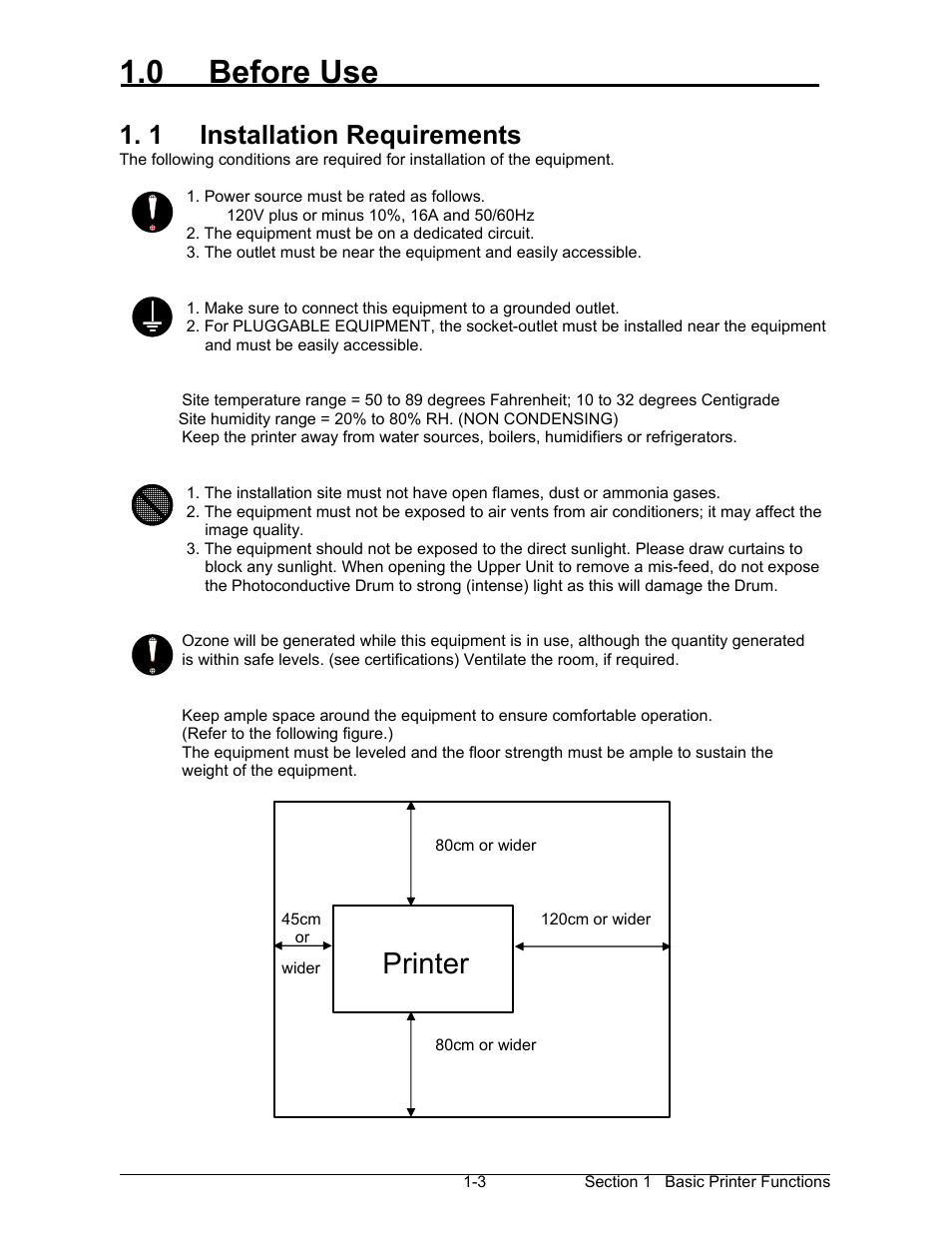 0 before use, Printer, 1 installation requirements | Konica Minolta KIP 7000 User Manual | Page 9 / 294