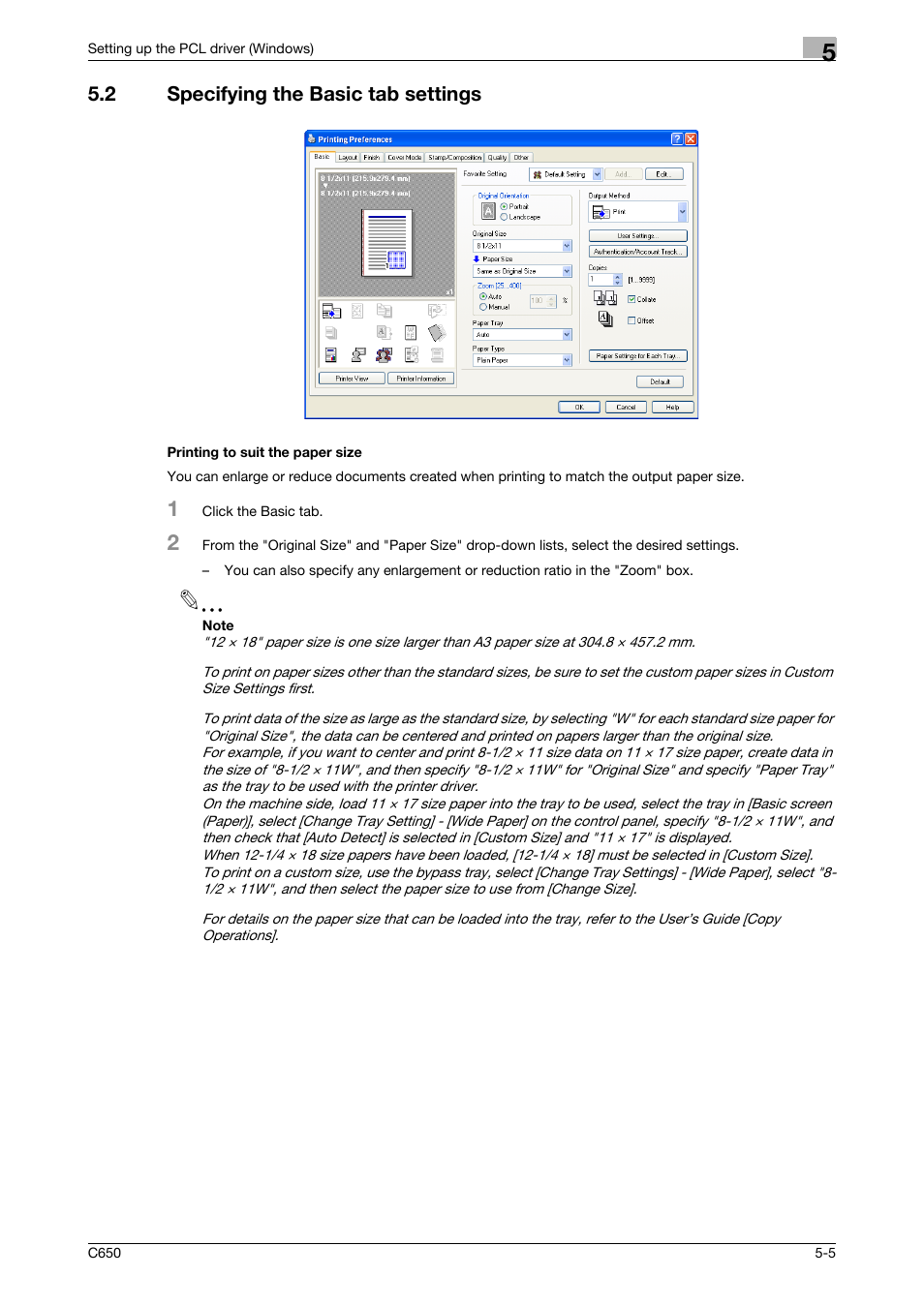 2 specifying the basic tab settings, Printing to suit the paper size | Konica Minolta bizhub C650 User Manual | Page 101 / 303