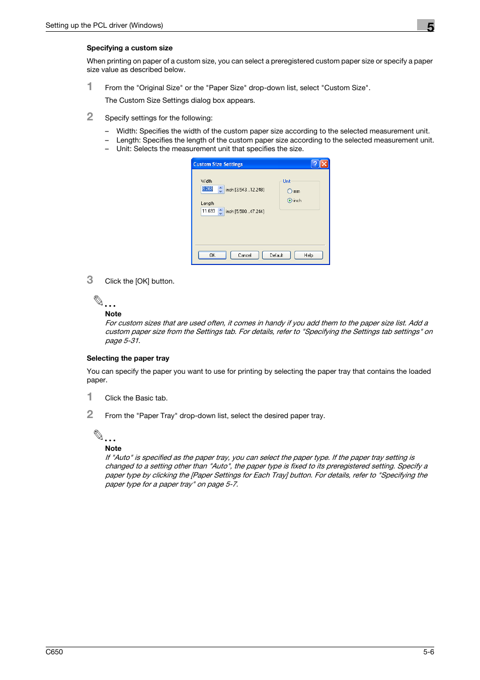 Specifying a custom size, Selecting the paper tray | Konica Minolta bizhub C650 User Manual | Page 102 / 303