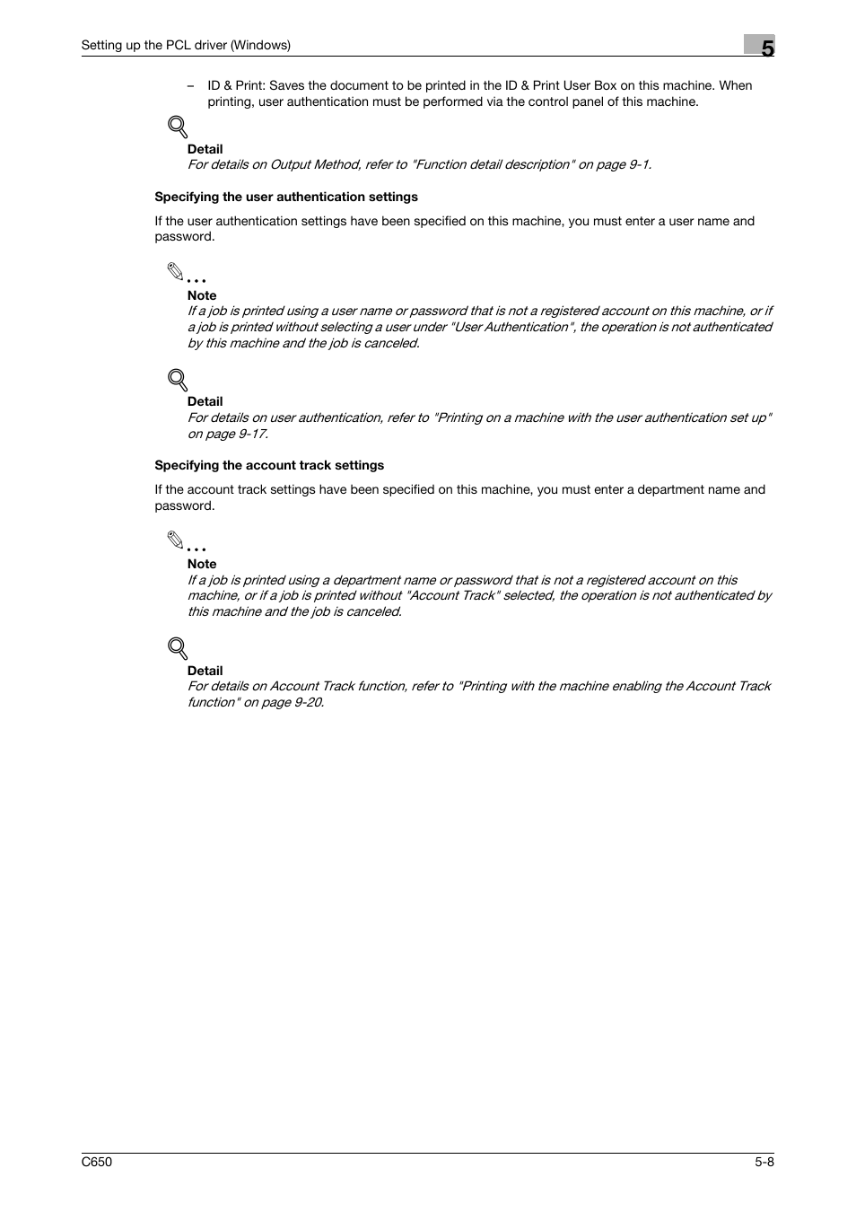 Specifying the user authentication settings, Specifying the account track settings | Konica Minolta bizhub C650 User Manual | Page 104 / 303