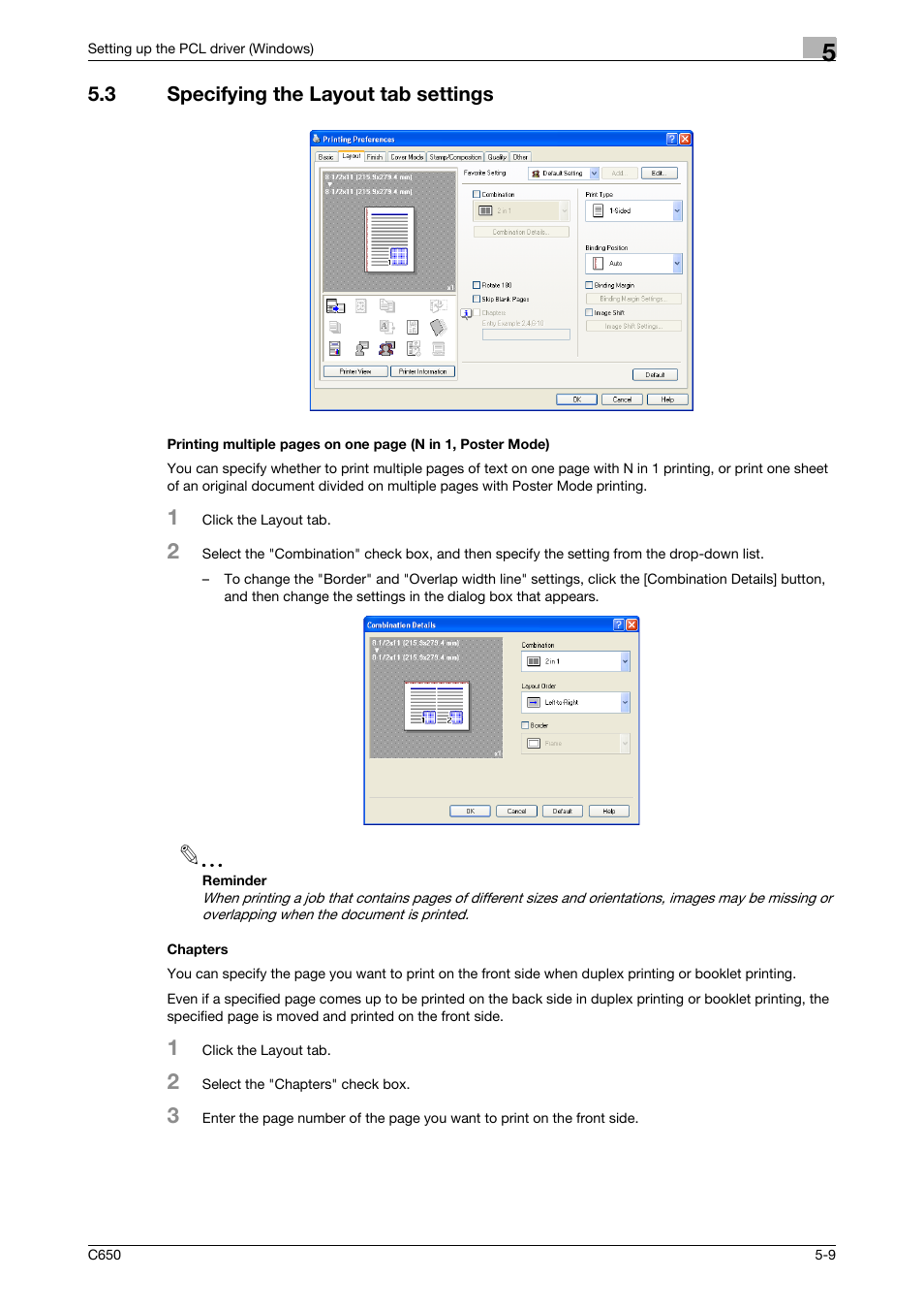 3 specifying the layout tab settings, Chapters | Konica Minolta bizhub C650 User Manual | Page 105 / 303