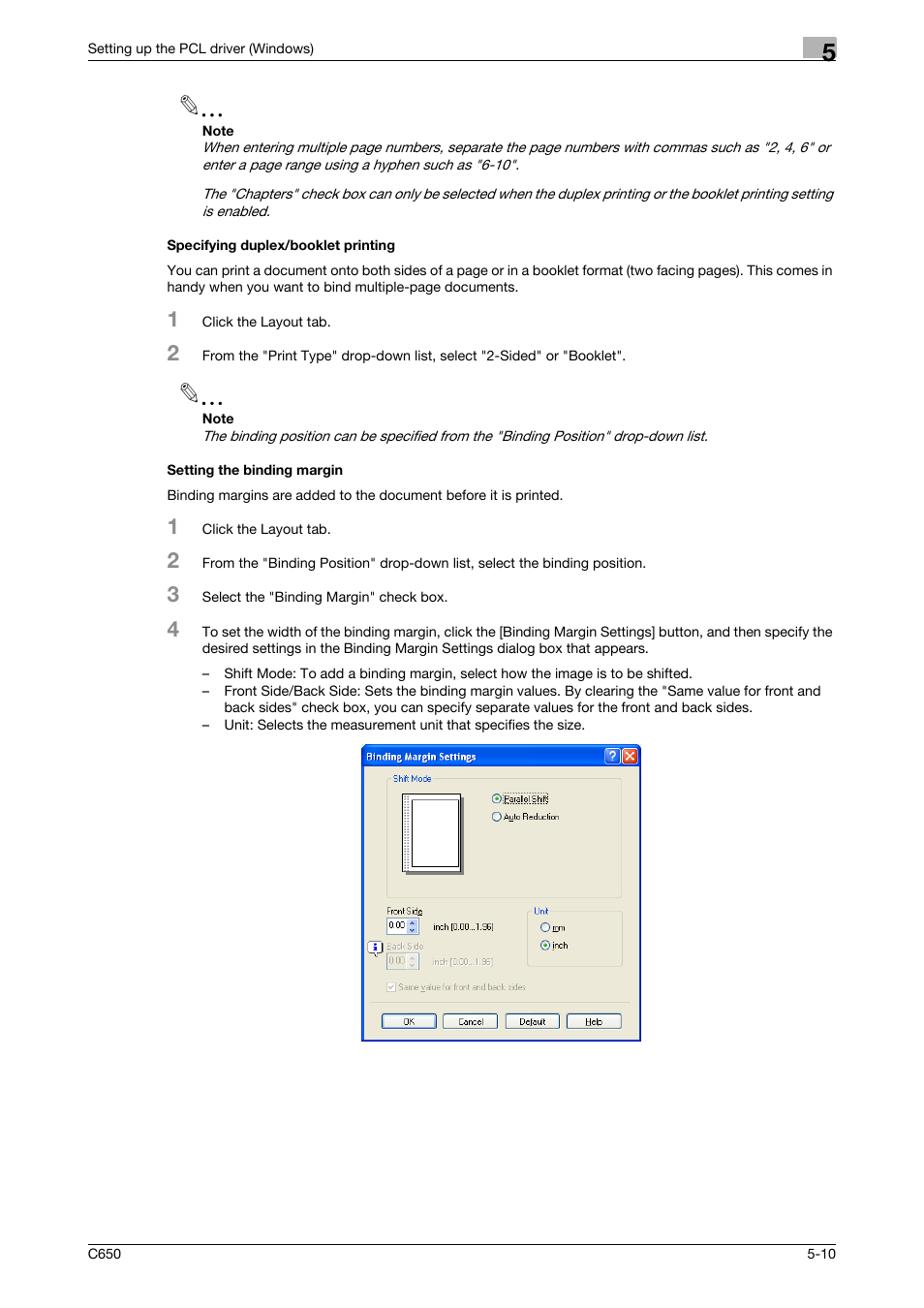 Specifying duplex/booklet printing, Setting the binding margin | Konica Minolta bizhub C650 User Manual | Page 106 / 303