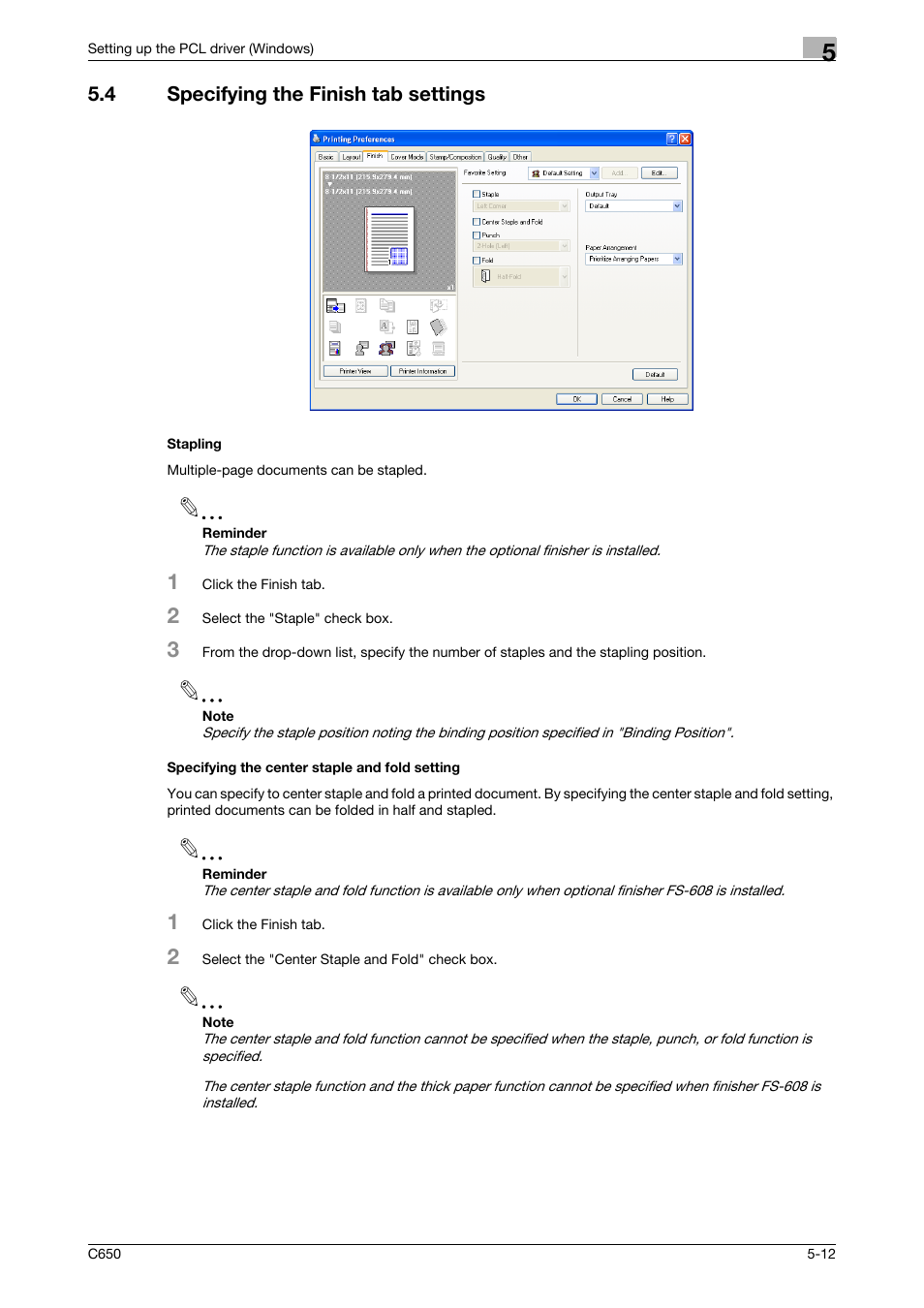 4 specifying the finish tab settings, Stapling, Specifying the center staple and fold setting | Konica Minolta bizhub C650 User Manual | Page 108 / 303