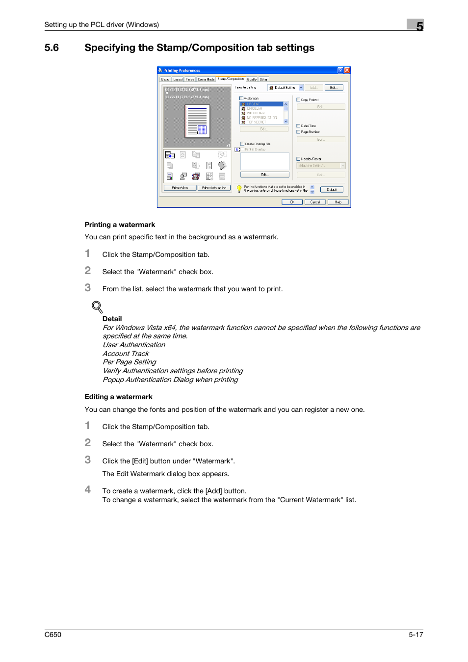 6 specifying the stamp/composition tab settings, Printing a watermark, Editing a watermark | Konica Minolta bizhub C650 User Manual | Page 113 / 303