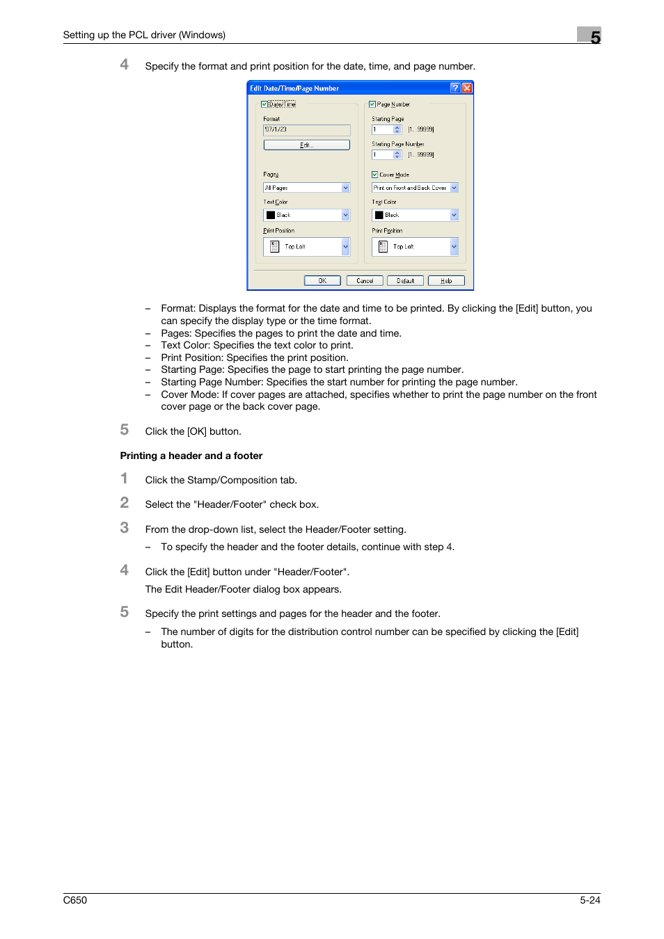 Printing a header and a footer, Printing a header and a footer -24 | Konica Minolta bizhub C650 User Manual | Page 120 / 303