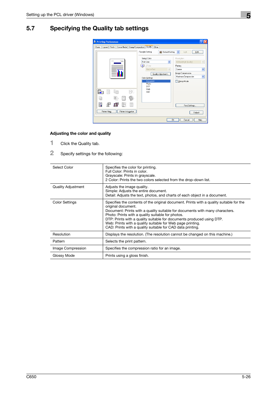 7 specifying the quality tab settings, Adjusting the color and quality | Konica Minolta bizhub C650 User Manual | Page 122 / 303