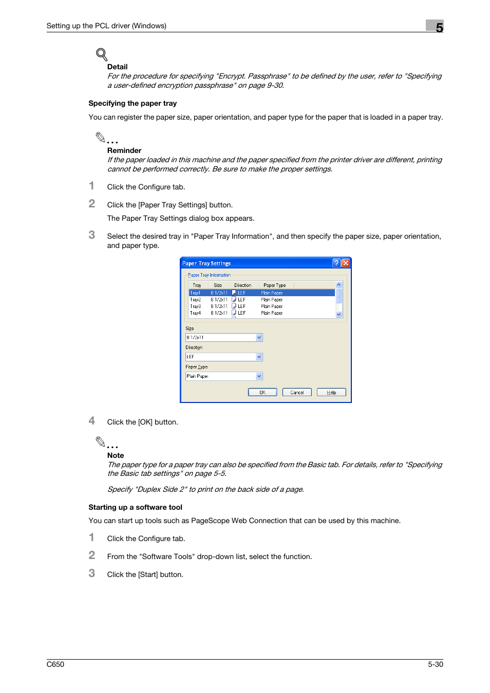 Specifying the paper tray, Starting up a software tool | Konica Minolta bizhub C650 User Manual | Page 126 / 303