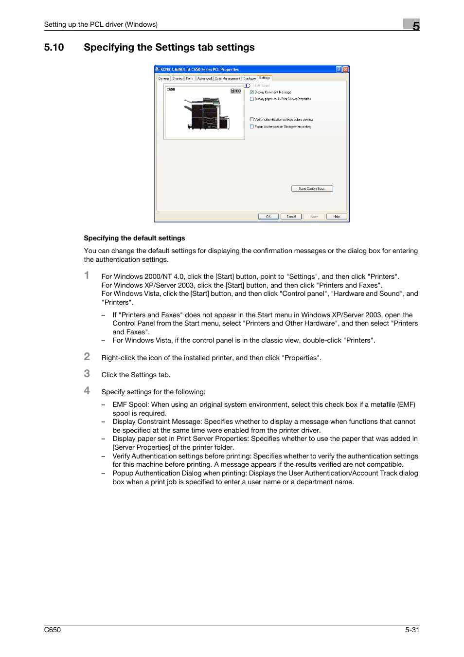 10 specifying the settings tab settings, Specifying the default settings | Konica Minolta bizhub C650 User Manual | Page 127 / 303