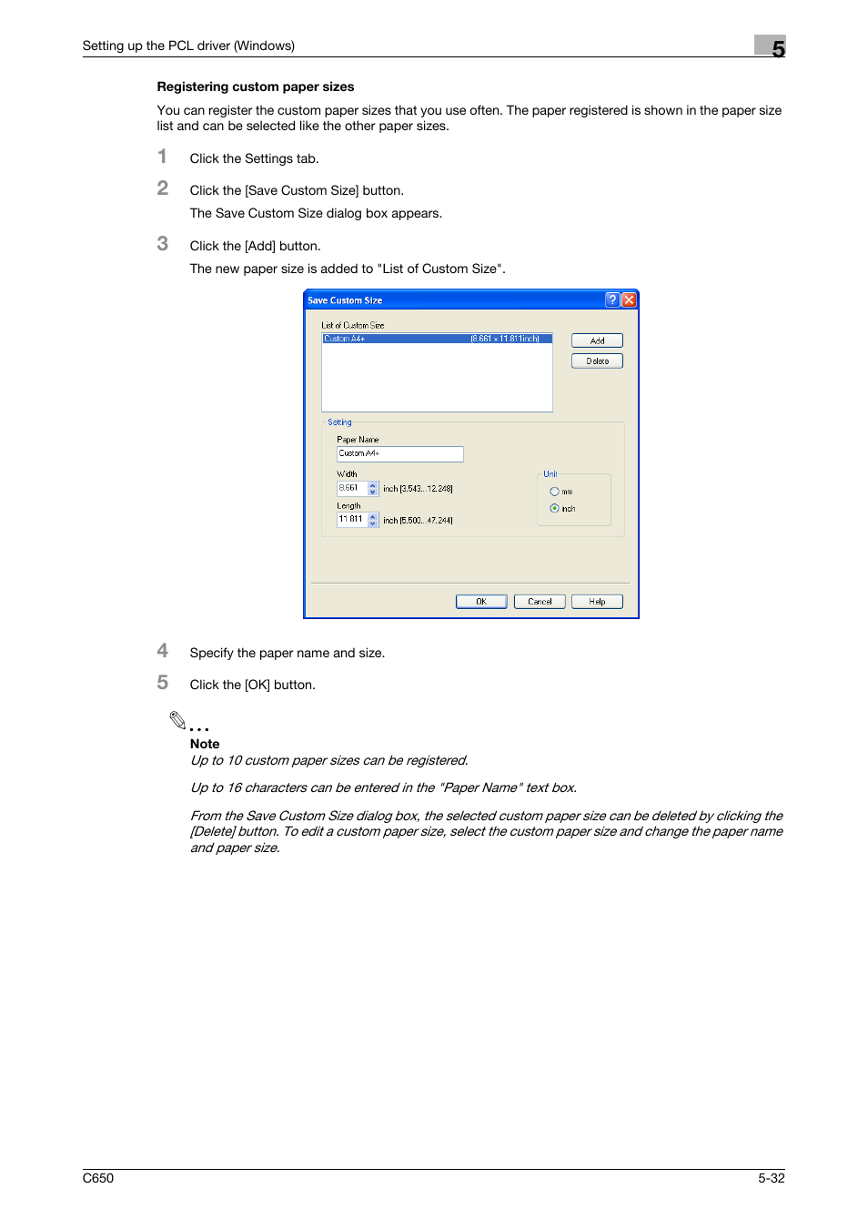 Registering custom paper sizes, Registering custom paper sizes -32 | Konica Minolta bizhub C650 User Manual | Page 128 / 303