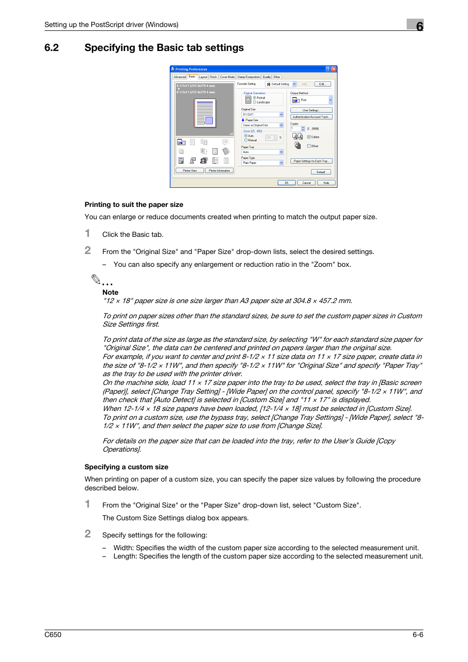 2 specifying the basic tab settings, Printing to suit the paper size, Specifying a custom size | Konica Minolta bizhub C650 User Manual | Page 137 / 303