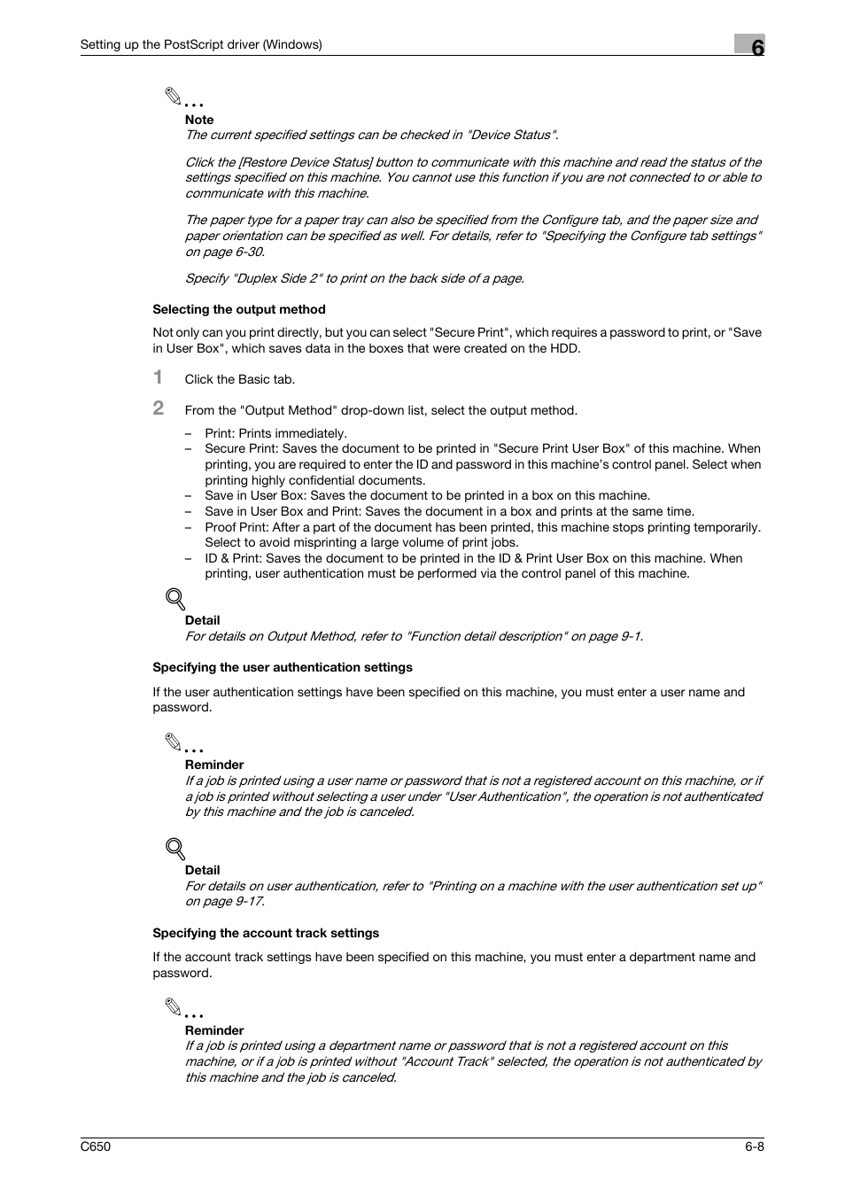 Selecting the output method, Specifying the user authentication settings, Specifying the account track settings | Konica Minolta bizhub C650 User Manual | Page 139 / 303