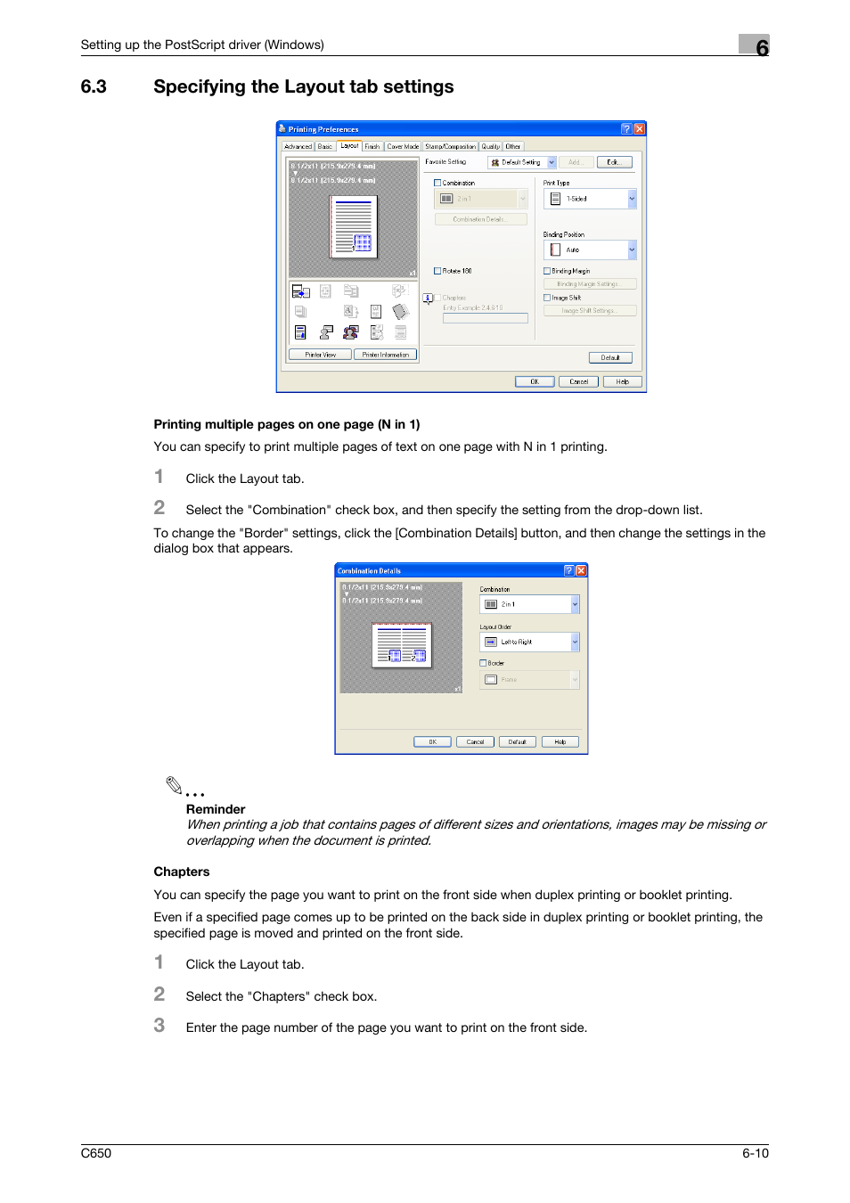 3 specifying the layout tab settings, Chapters | Konica Minolta bizhub C650 User Manual | Page 141 / 303