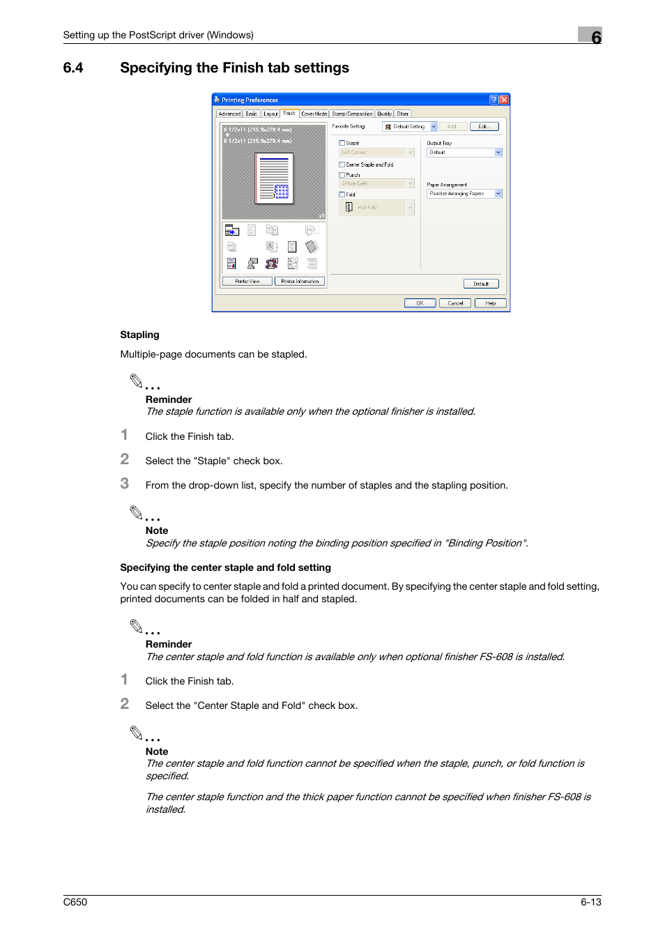 4 specifying the finish tab settings, Stapling, Specifying the center staple and fold setting | Konica Minolta bizhub C650 User Manual | Page 144 / 303