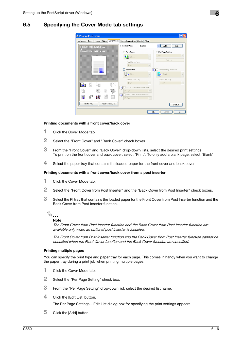 5 specifying the cover mode tab settings, Printing documents with a front cover/back cover | Konica Minolta bizhub C650 User Manual | Page 147 / 303