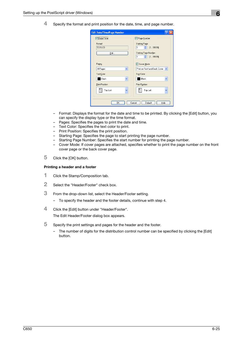 Printing a header and a footer, Printing a header and a footer -25 | Konica Minolta bizhub C650 User Manual | Page 156 / 303