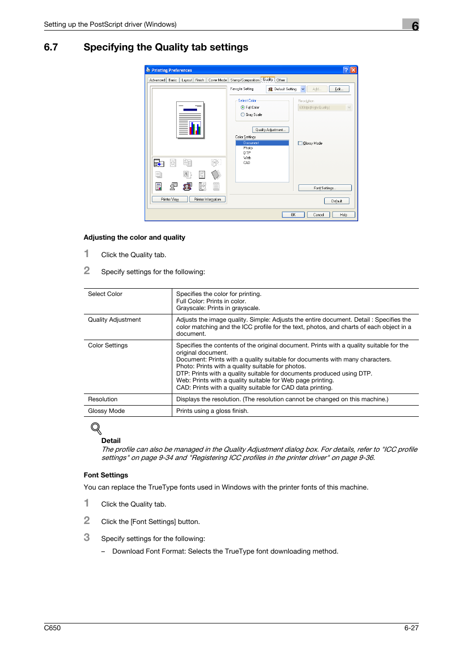 7 specifying the quality tab settings, Adjusting the color and quality, Font settings | Konica Minolta bizhub C650 User Manual | Page 158 / 303