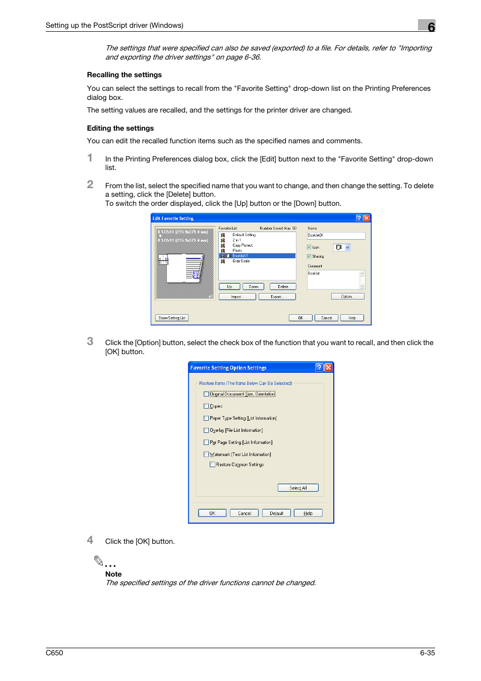 Recalling the settings, Editing the settings | Konica Minolta bizhub C650 User Manual | Page 166 / 303