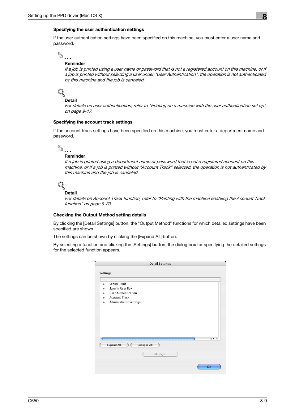 Specifying the user authentication settings, Specifying the account track settings, Checking the output method setting details | Konica Minolta bizhub C650 User Manual | Page 185 / 303