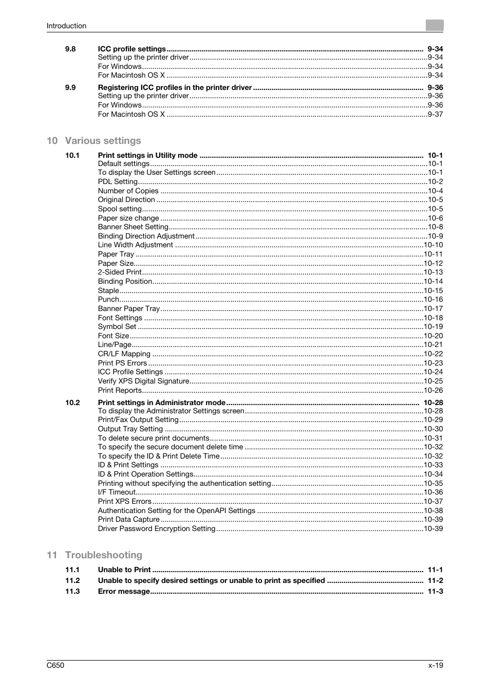 10 various settings, 11 troubleshooting | Konica Minolta bizhub C650 User Manual | Page 20 / 303