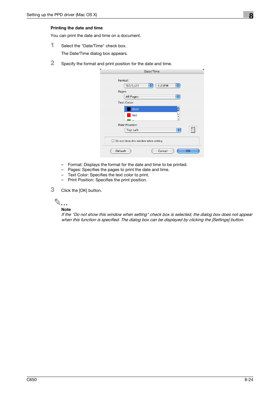 Printing the date and time, Printing the date and time -24 | Konica Minolta bizhub C650 User Manual | Page 200 / 303