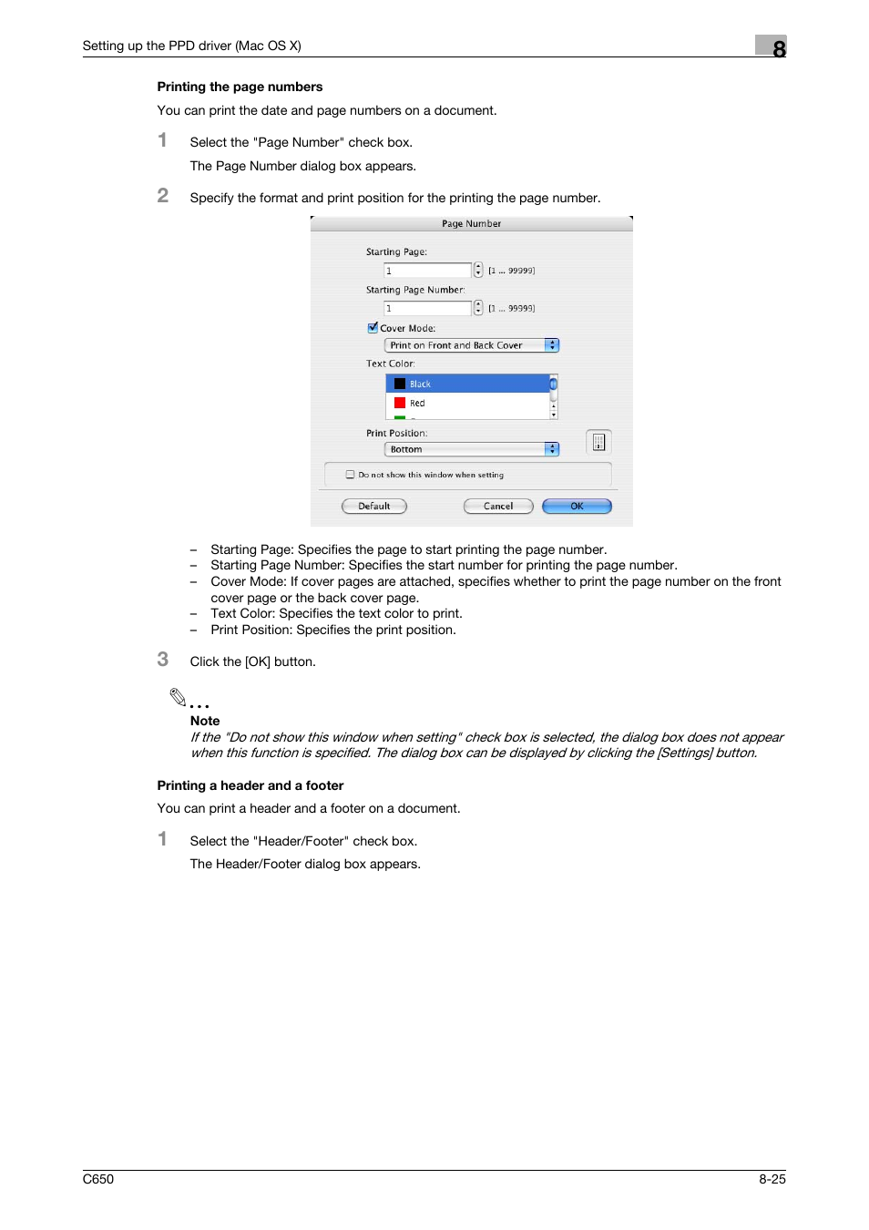 Printing a header and a footer | Konica Minolta bizhub C650 User Manual | Page 201 / 303