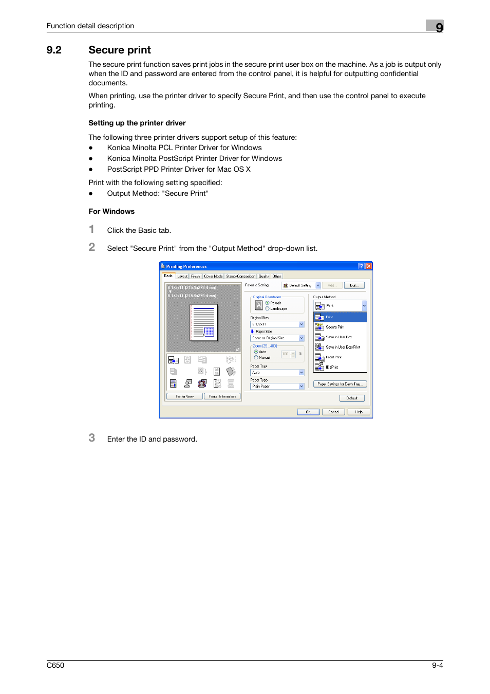 2 secure print, Setting up the printer driver, For windows | Konica Minolta bizhub C650 User Manual | Page 209 / 303