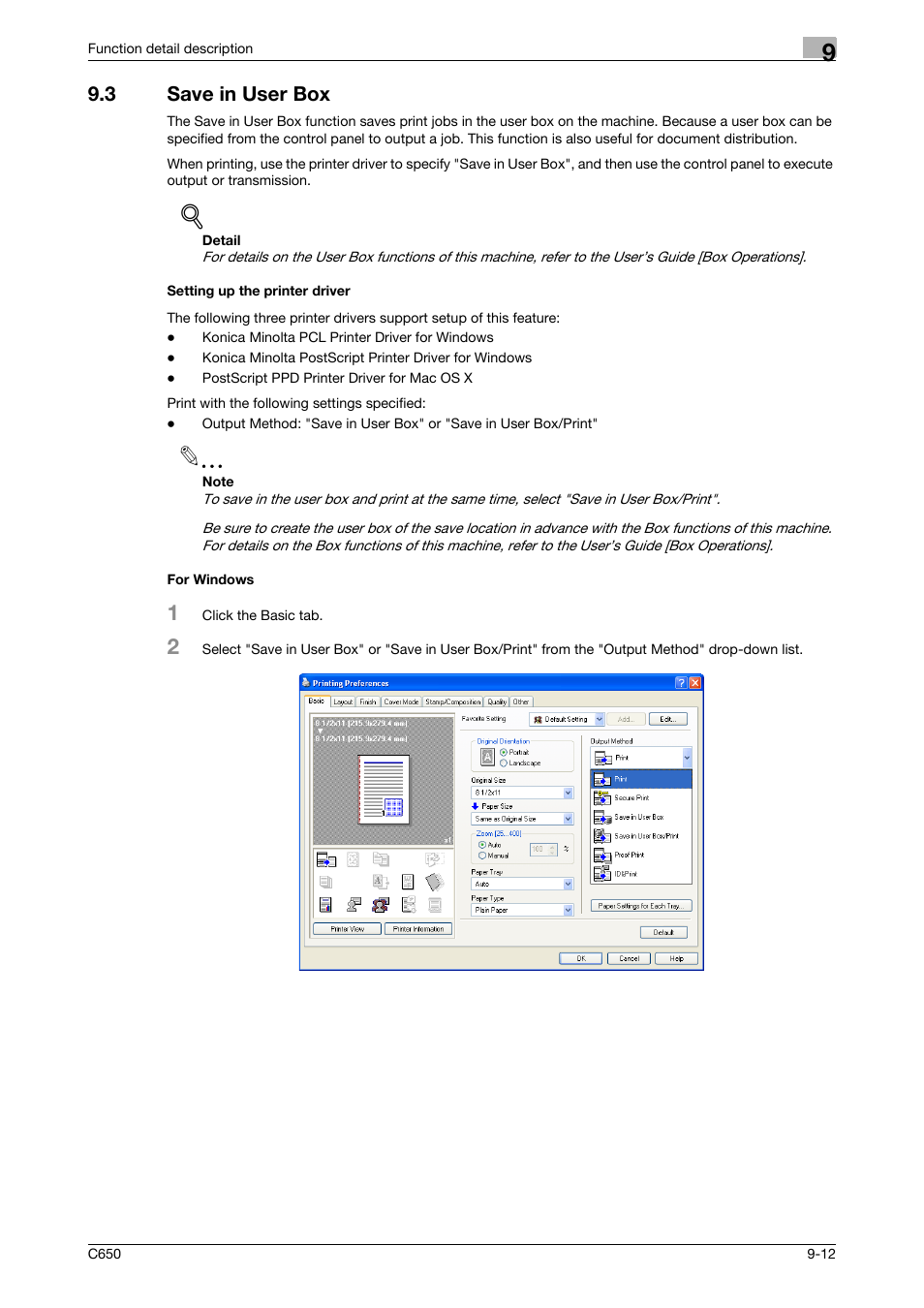 3 save in user box, Setting up the printer driver, For windows | Konica Minolta bizhub C650 User Manual | Page 217 / 303