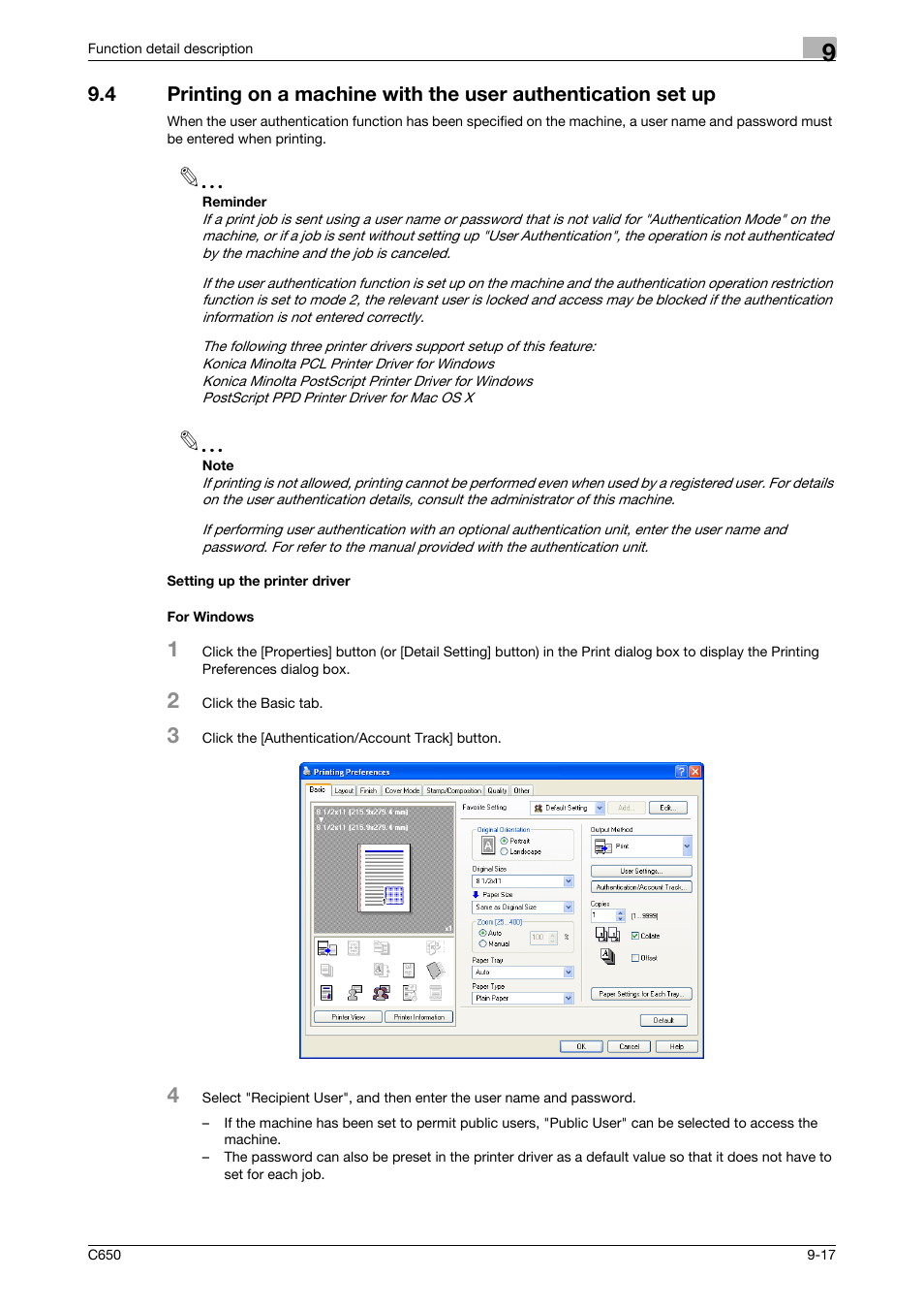 Setting up the printer driver, For windows | Konica Minolta bizhub C650 User Manual | Page 222 / 303