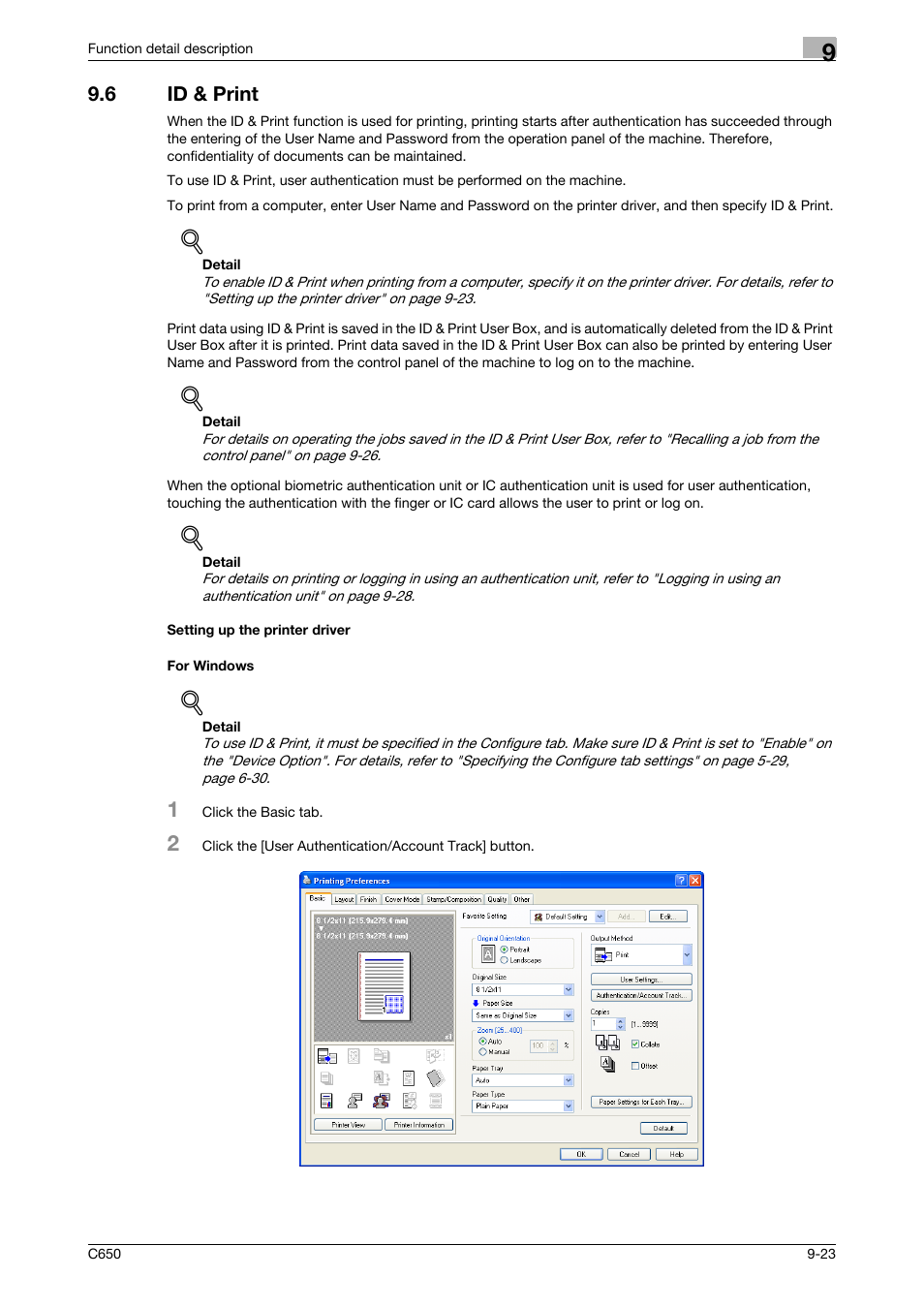 6 id & print, Setting up the printer driver, For windows | Konica Minolta bizhub C650 User Manual | Page 228 / 303