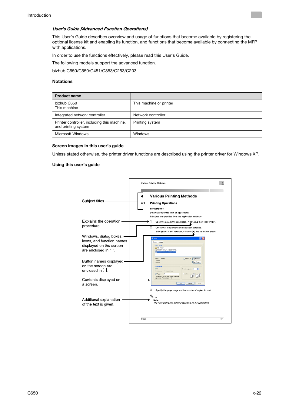 Notations, Screen images in this user’s guide, Using this user’s guide | Konica Minolta bizhub C650 User Manual | Page 23 / 303
