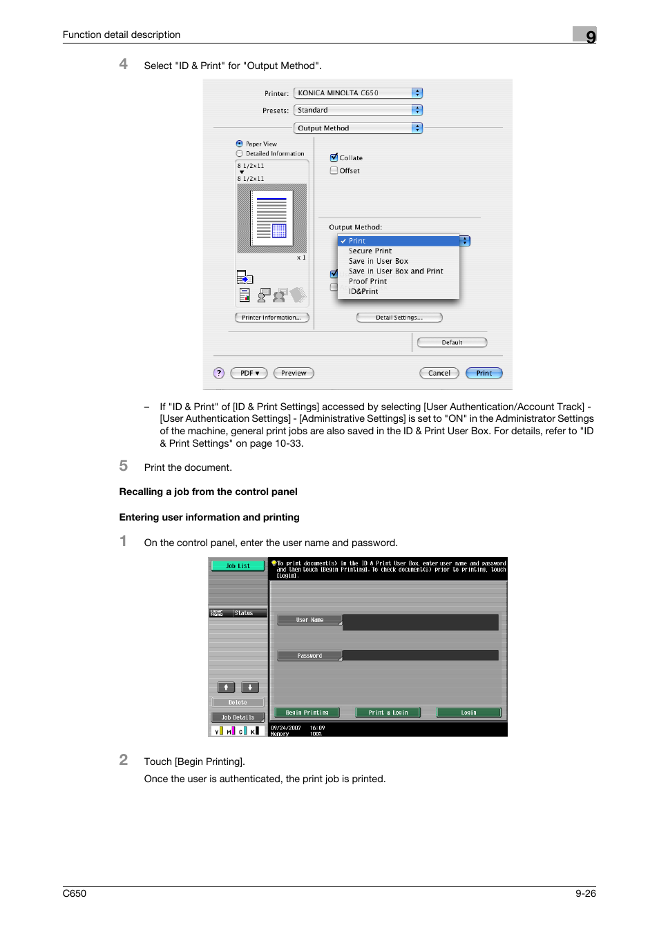 Recalling a job from the control panel, Entering user information and printing | Konica Minolta bizhub C650 User Manual | Page 231 / 303