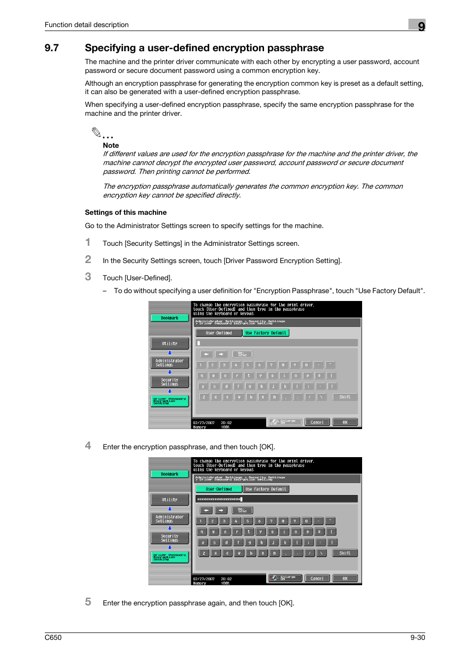 7 specifying a user-defined encryption passphrase, Settings of this machine | Konica Minolta bizhub C650 User Manual | Page 235 / 303